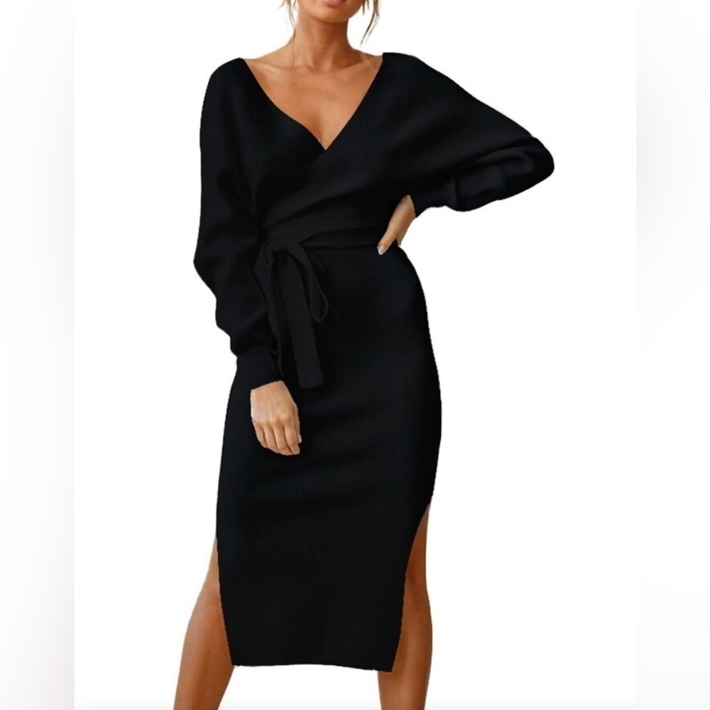 Cutiefox Knit Sweater Dress V Neck Sexy Tie Waist Midi Black Small Holiday Goth
